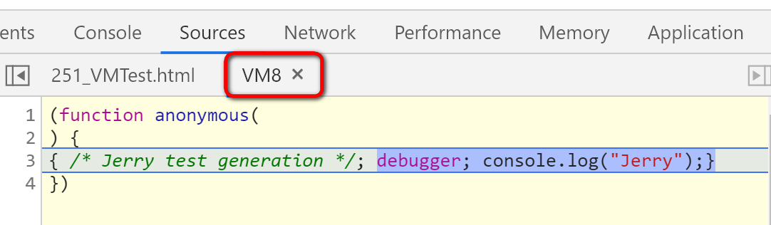 一串最简单的JavaScript代码，在Chrome开发者工具调试器里触发VM8标签的出现