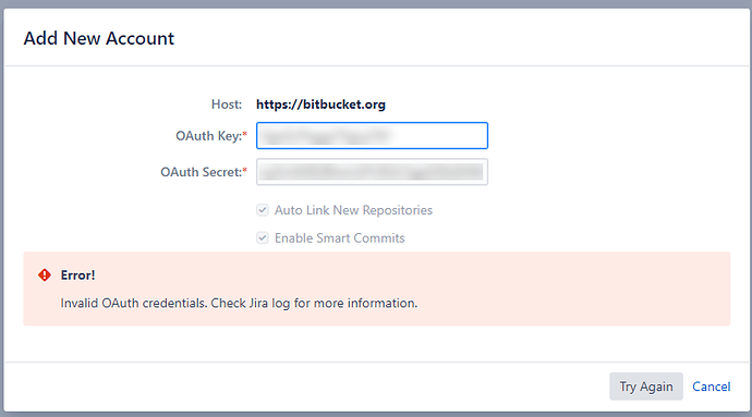 JIRA 链接 bitbucket 提示错误 Invalid OAuth credentials