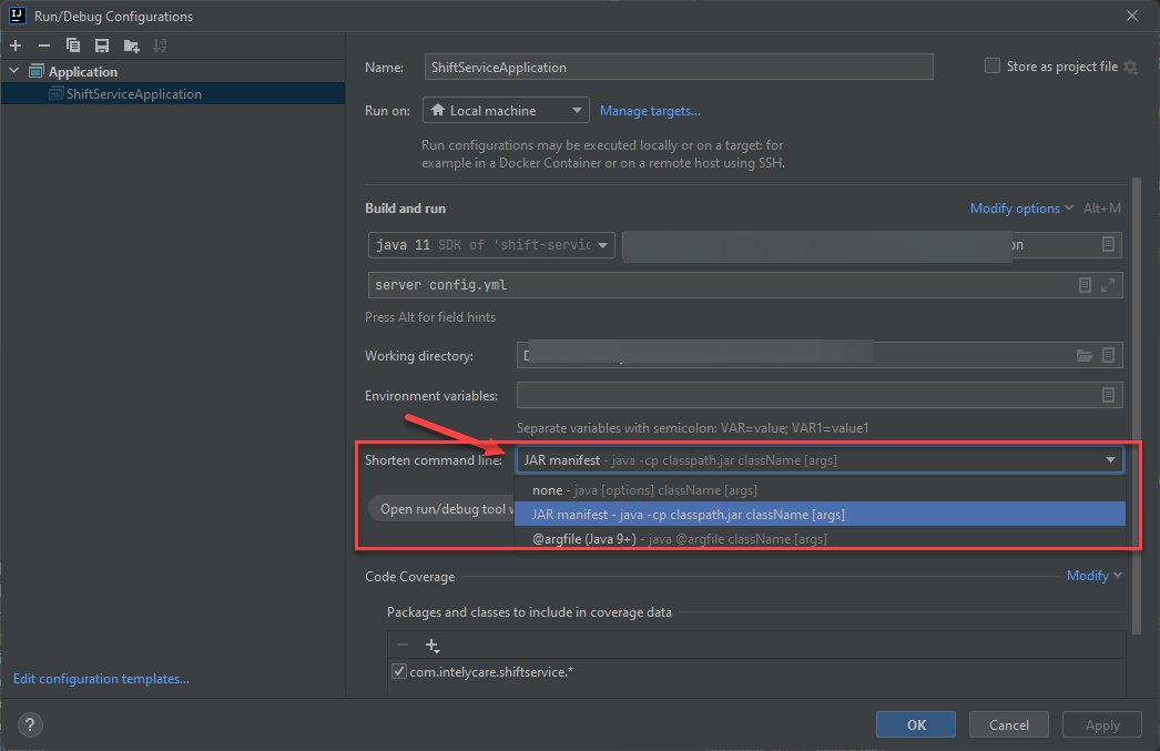 Intellij 2021.3 运行应用的时候 shorten command line