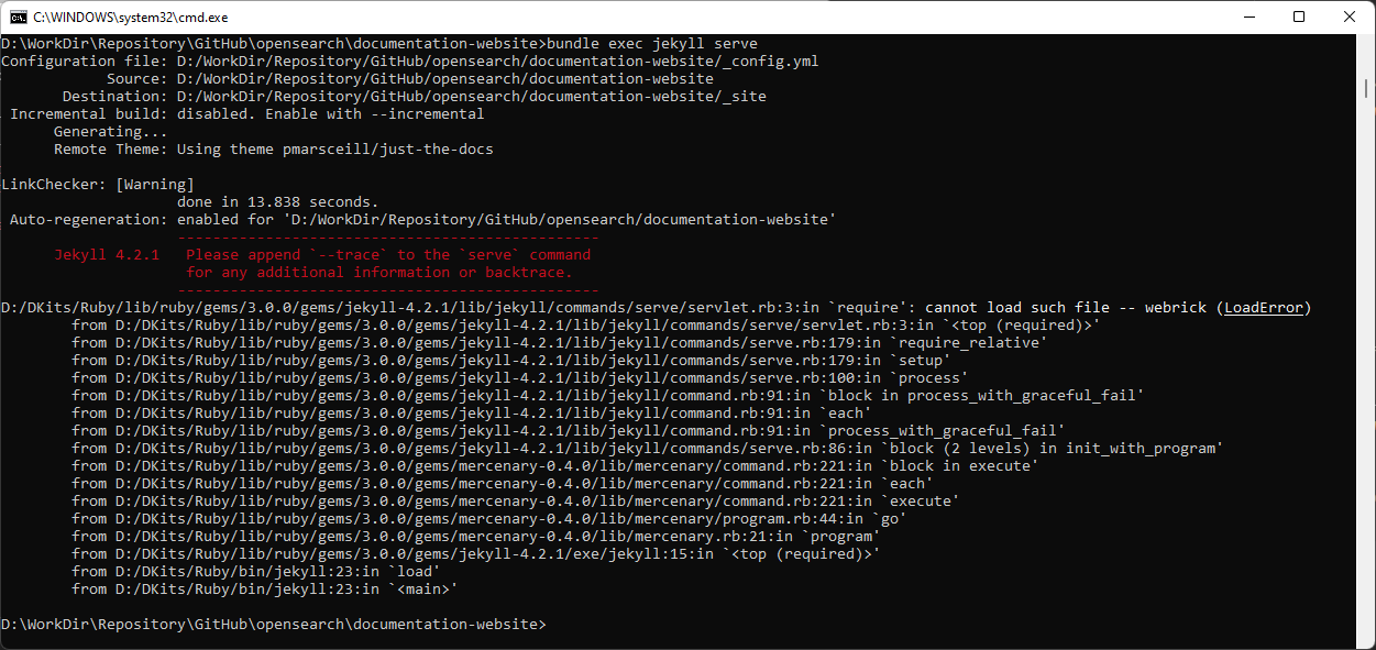 Jekyll 运行的时候提示错误 cannot load such file -- webrick