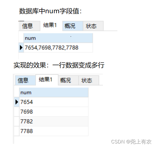 MySql字符串拆分实现split功能（字段分割转列、转行）