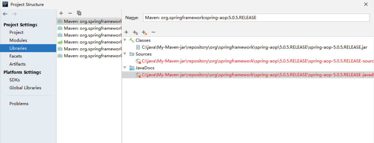 IDEA中的project Setting中的Libraries，Sources和JavaDocs报红如何解决？