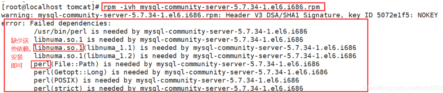 MySQL执行安装“rpm -ivh mysql-community-server-5.7.34-1.el6.i686.rpm“报错“error:Failed dependencies“