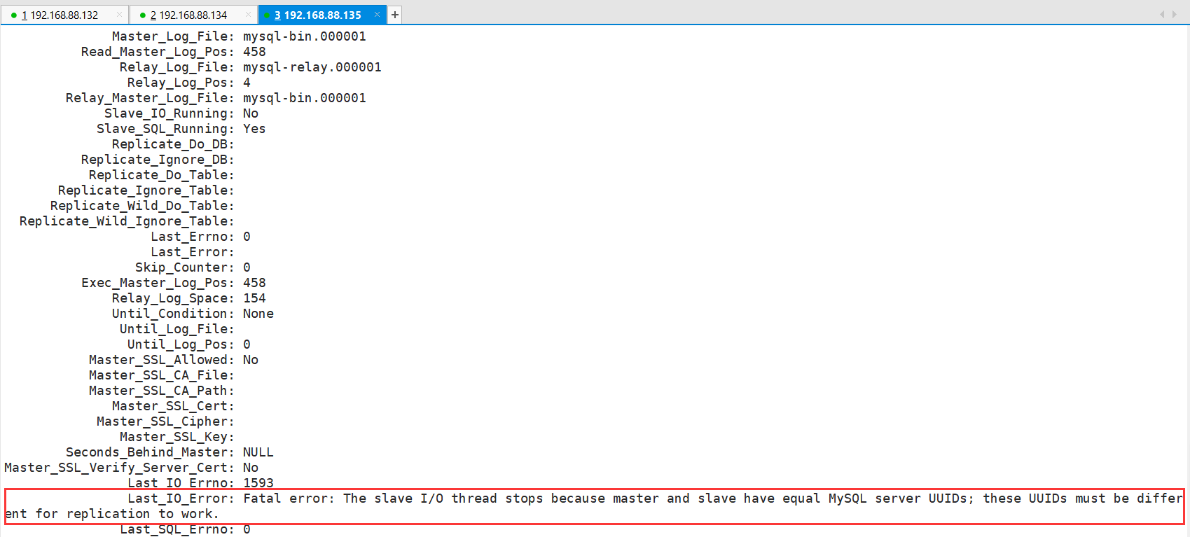 主从复制报错Fatal error:The slave I/O thread stops because master and slave have equal MySQL server UUIDs；