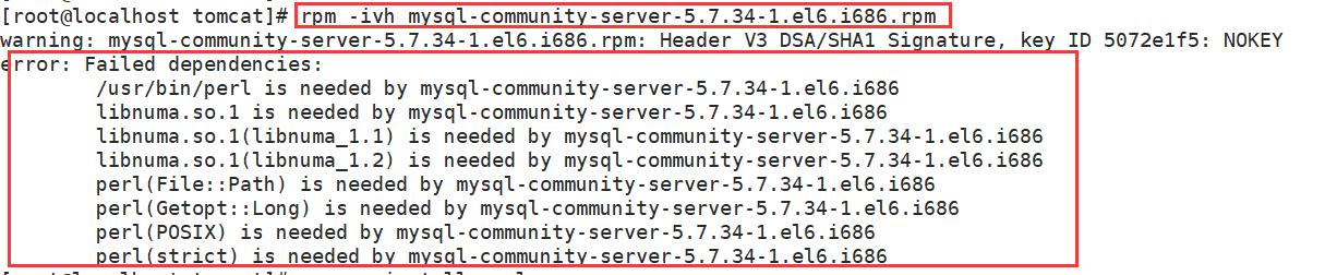 MySQL执行安装“rpm -ivh mysql-community-server-5.7.34-1.el6.i686.rpm“报错“error:Failed dependencies“