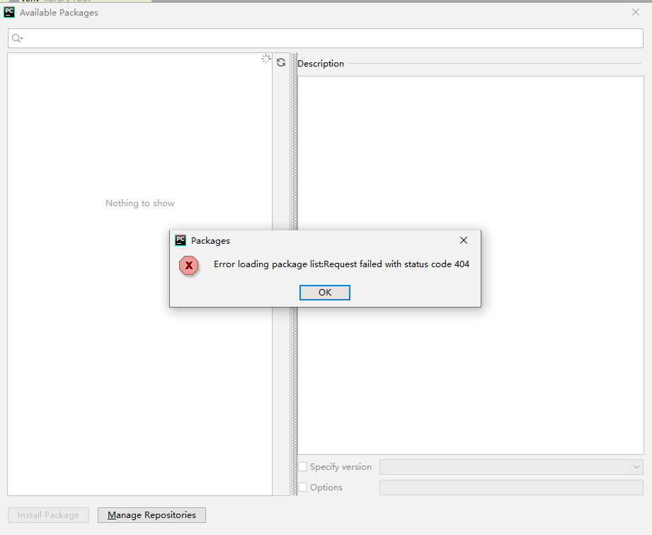 Pycharm出现错误“Error loading package list:Request failed with status code 404“