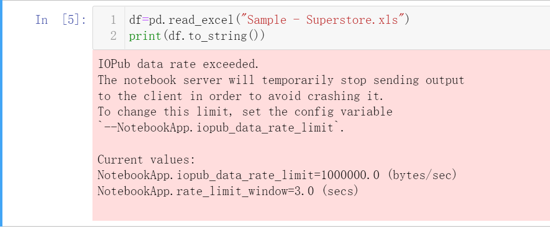 jupyter notebook 报错：Current values: NotebookApp.iopub_data_rate_limit=1000000.0 (bytes/sec)