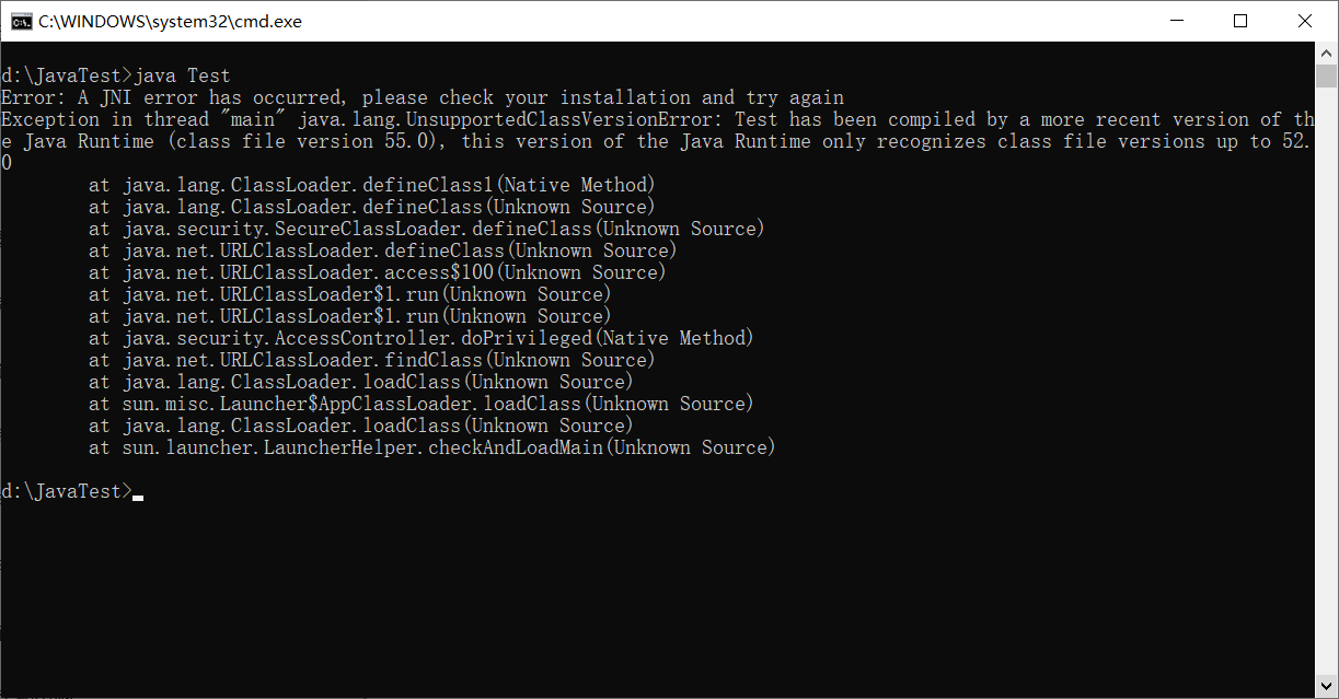 使用java命令运行编译好的代码报错：Error: A JNI error has occurred, please check your installation and try again解决方案