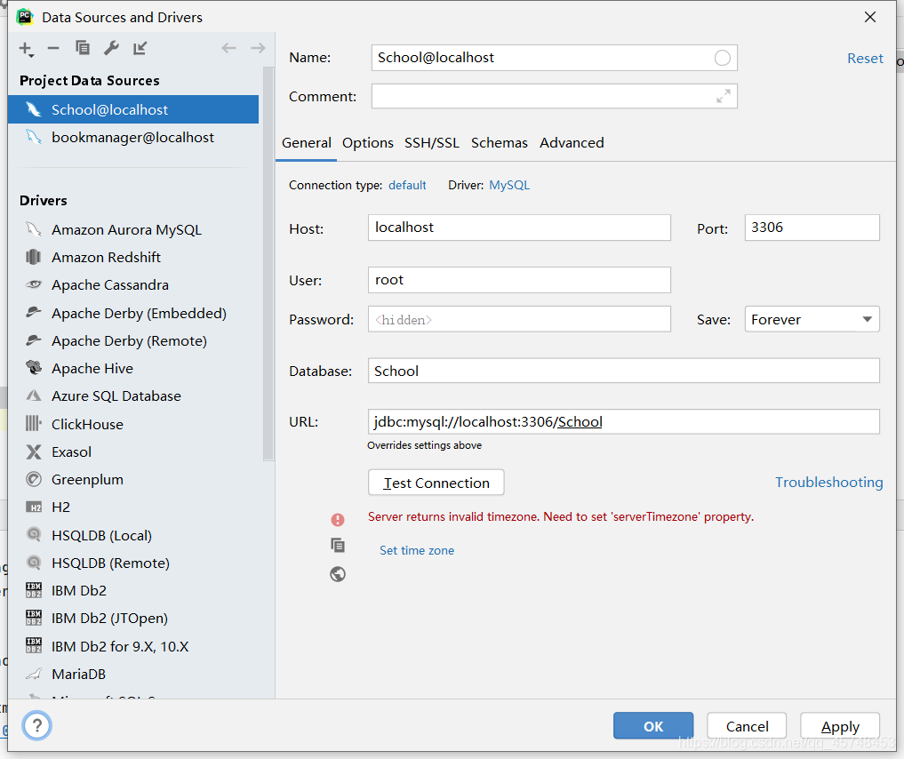 DataGrip 2020.1连接数据库报错 Server returns invalid timezone. Need to set‘serverTimezone’property