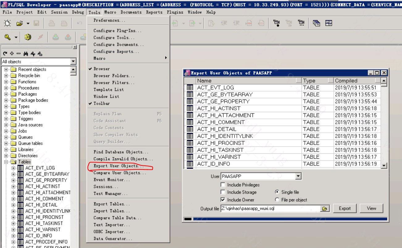 用 Oracle plsql developer 导出表定义