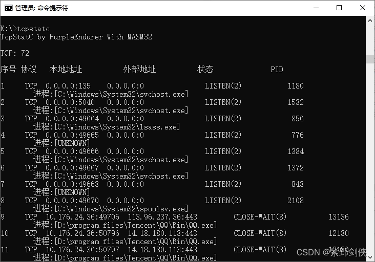 MASM32编写TcpStatC再进阶 显示PID和对应进程说明符