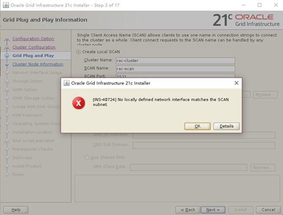 [INS-40724] No locally defined network interface matches the SCAN subnet.