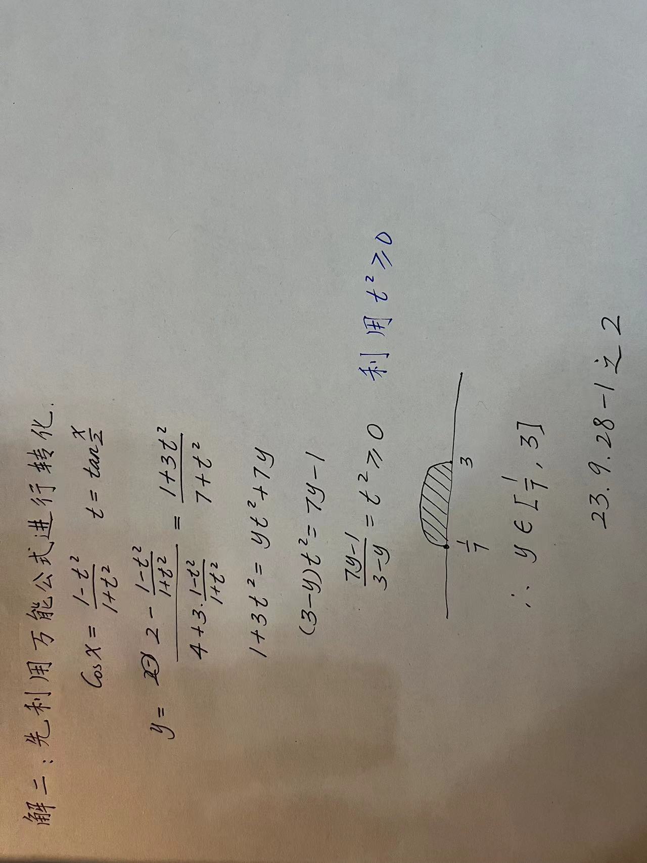 【230928-1】求函数y=(2-CosX)/(4+3CosX)的最大值和最小值. （第一千篇数学贴）