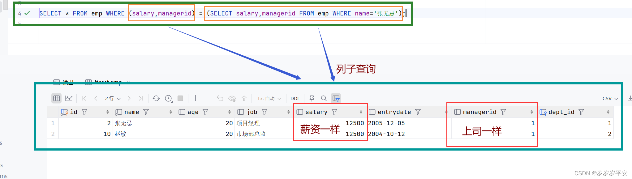 MySQL之多表查询—行子查询