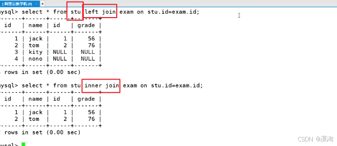 Linux下学【MySQL】表的连接（inner join、left join、right join）（简单试题理解版）